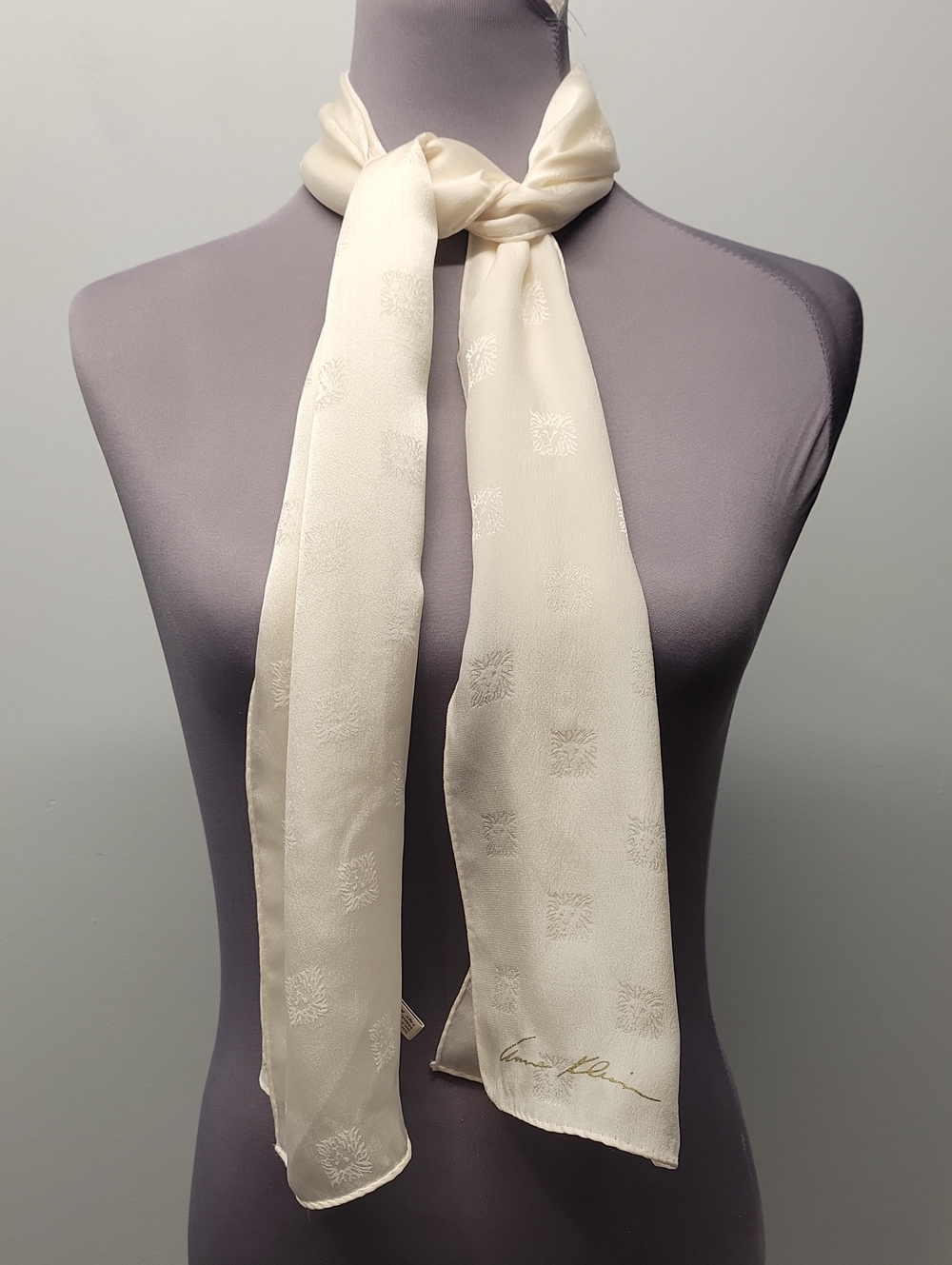 Vintage Anne Klein Silk Scarf Cream logo embossed